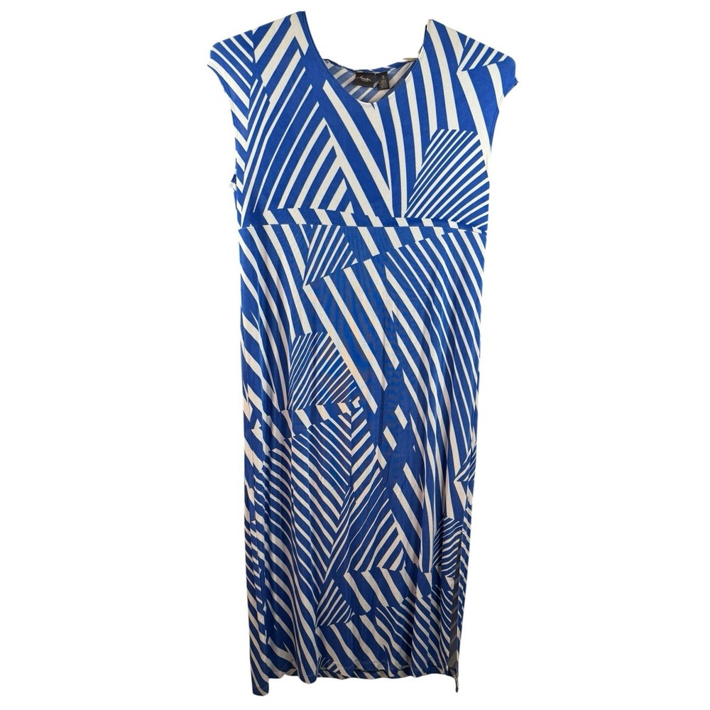 Chico's Travelers Sz 3 (XL) Maxi‎ Dress Blue White Abstract Stripe Super Stretch